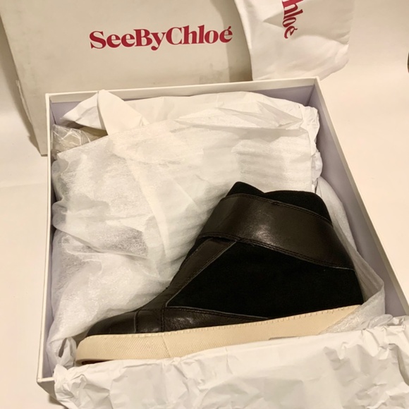 SEE BY CHLOE Shoes Sami Black Nappa Leather High Top Ankle Sneaker with Buckle - Picture 2 of 11